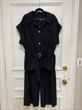 Who What Wear Black Short-Sleeve Belted Jumpsuit with Wide Legs